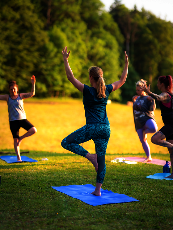 Personen in Yoga Pose auf Wiese