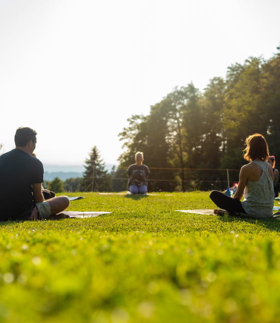 Personen in Yoga Pose auf Wiese