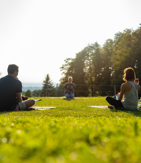 Personen in Yoga Pose auf Wiese