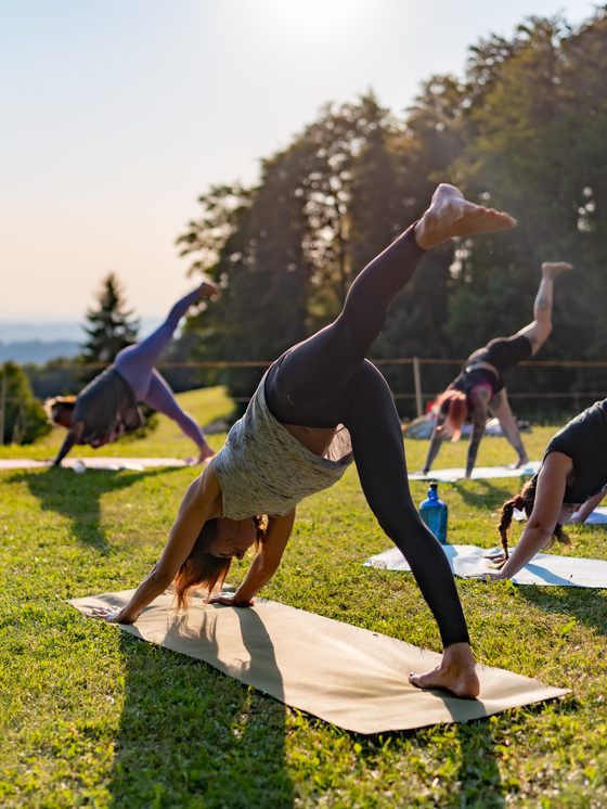 Personen in Yoga Pose auf Wiese