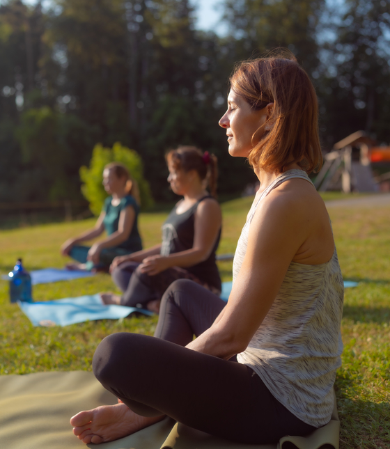 Personen in Yoga Pose auf einer grünen Wiese